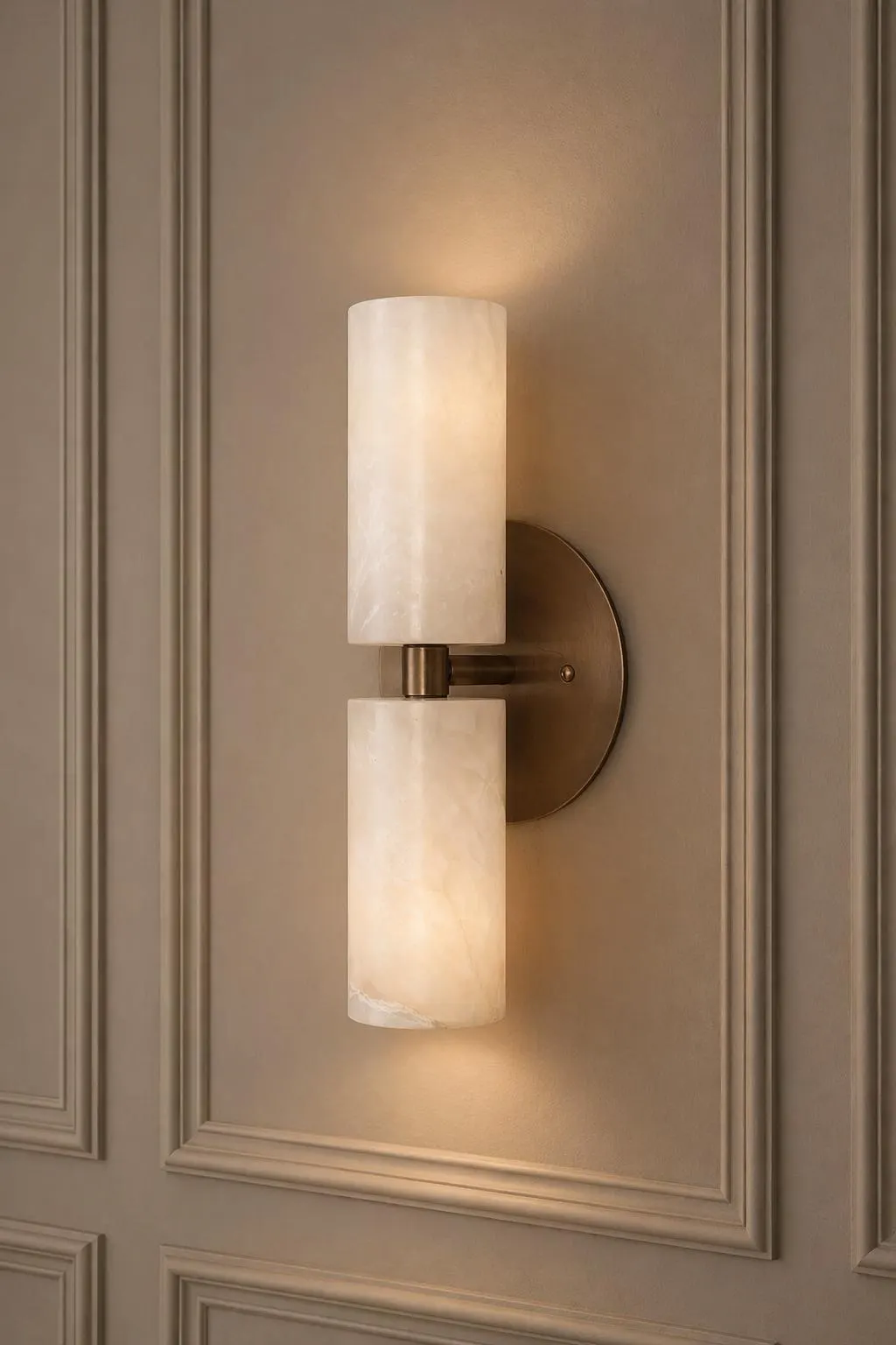 Luxurious Alabaster Double Cylinder Wall Sconce | Modern Brass Wall Light Fixture | Minimalist Luxury Bedside Lighting | Vanity Lamp