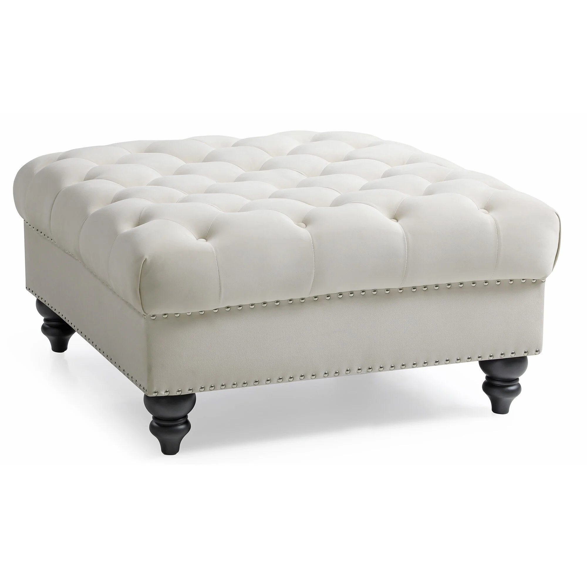 Nailhead Tufted Velvet Ottoman - 35 - Beige