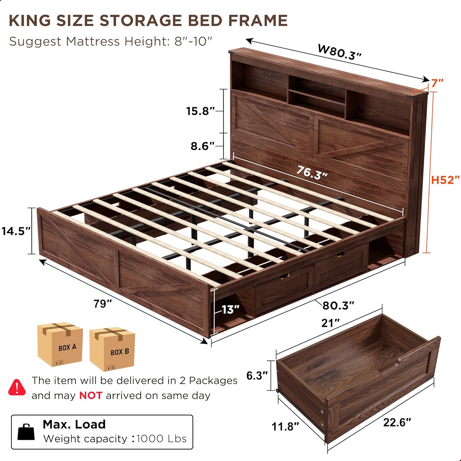 ACCOHOHO Farmhouse King Size Bed Frame with 52 Tall Storage Headboard and LED Light,Wood Platform Bed Frame with 4 Drawers and Charging Station,Solid Wood Slats Support,No Box Spring Needed,Brown