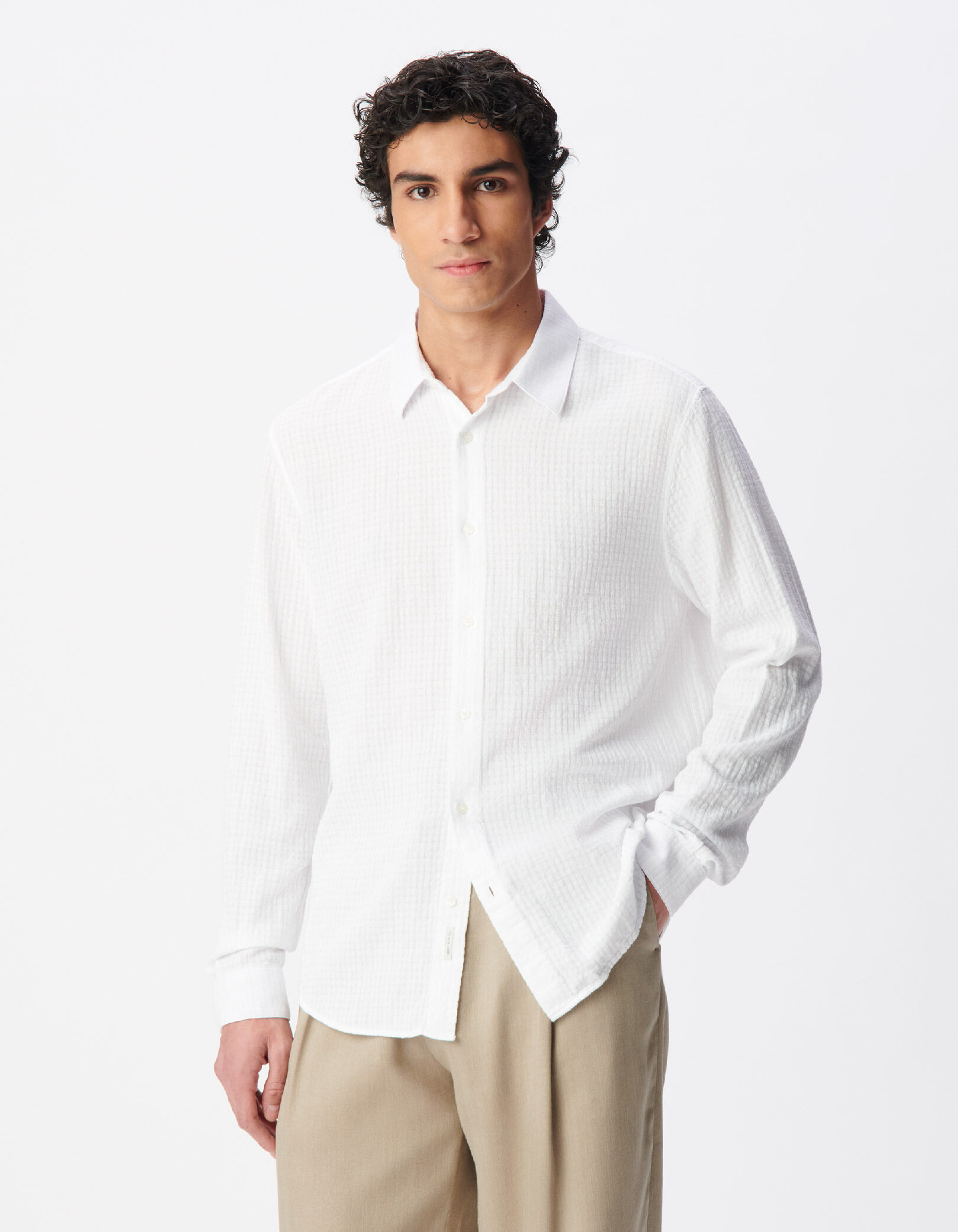 Chemise regular blanche armurée relief carreaux Homme