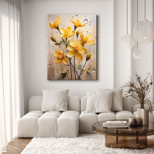 Feeby Obraz na płótnie, Żółte Kwiaty krople deszczu 40x60