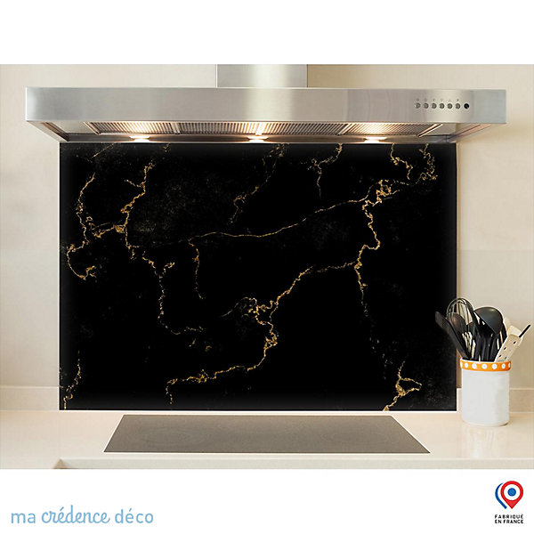 Crédence cuisine fond de hotte Marbre noir de Trieste doré - Verre trempé - L 90 cm x H 60 cm - MaCrédenceDéco