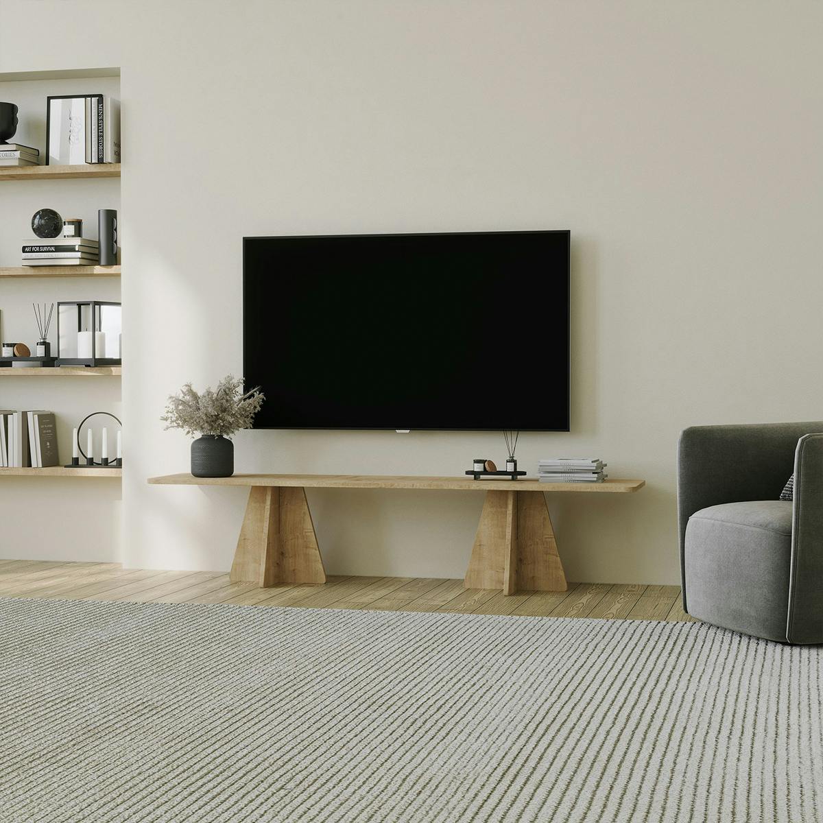 Banc TV design décor bois bords arrondis pieds croisés MARFA