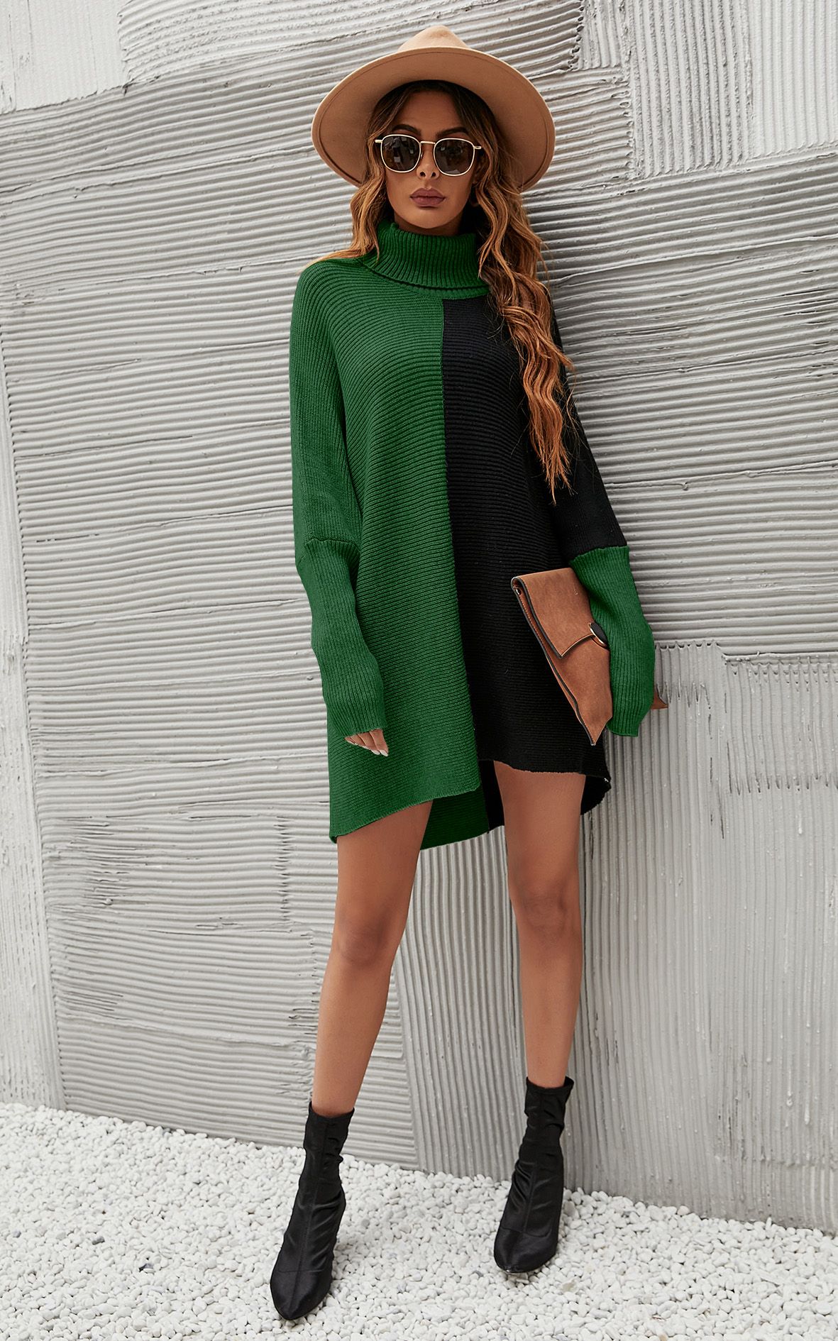 FS Collection High Neck Half Forest Green & Black Block Colour Jumper Top