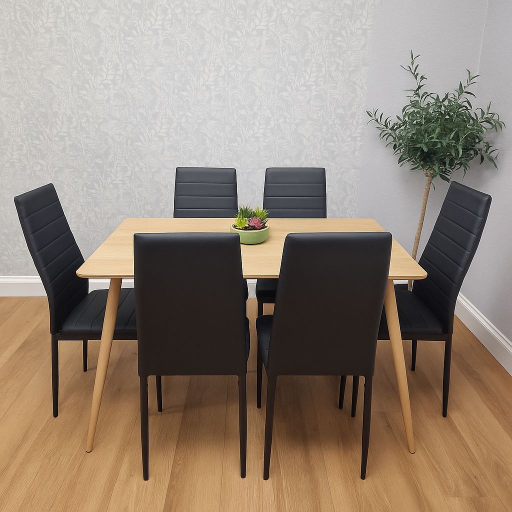 KOSY KOALA Dining Table Set with 6 Black Faux Leather Chairs