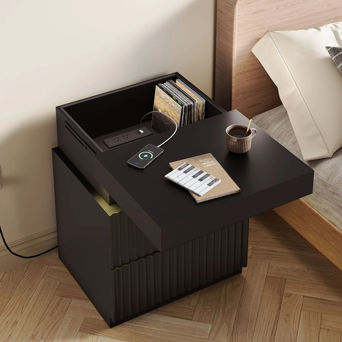 JASIWAY LED Night Stand Bedside Table with Charging Station- Set of 2