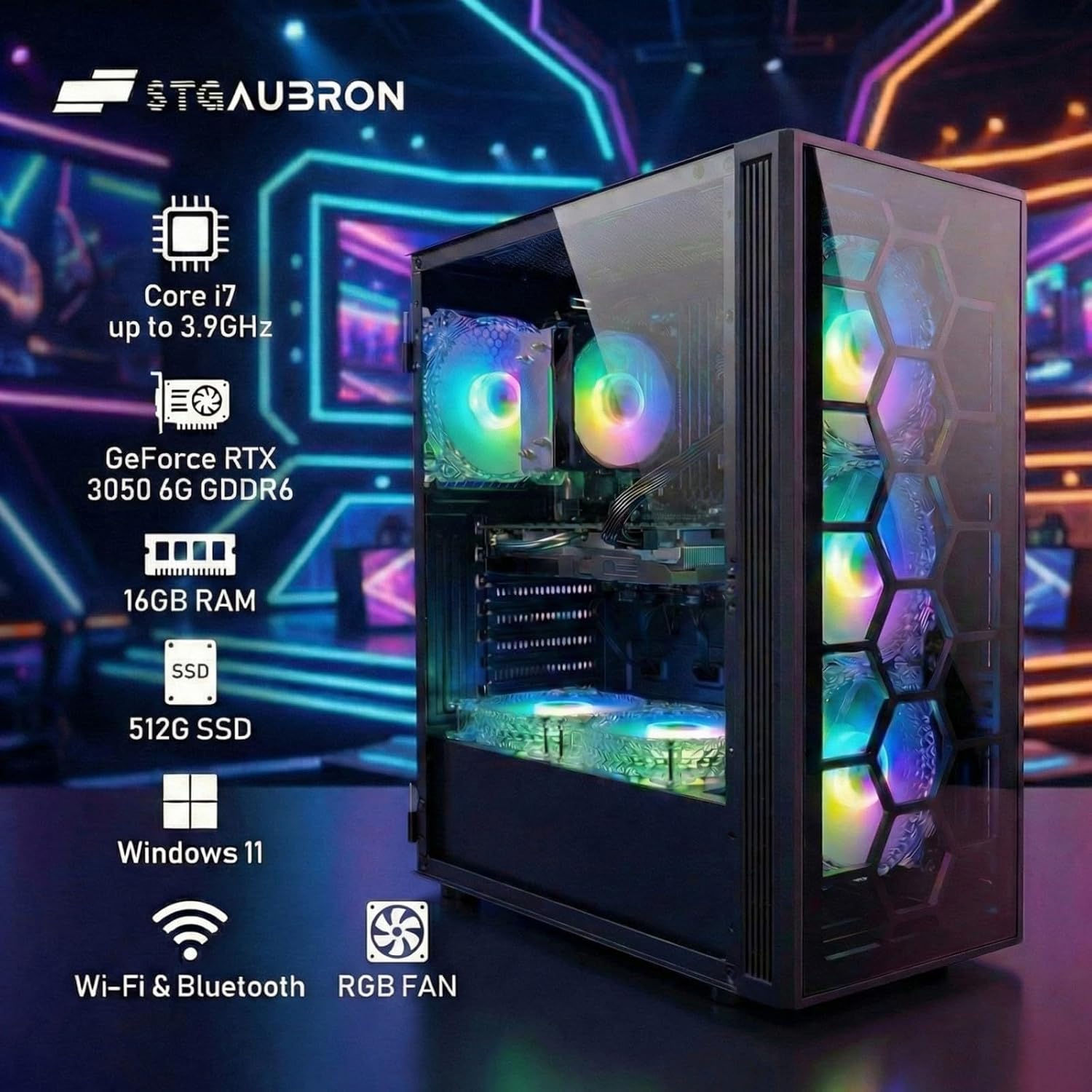 STGAubron Gaming PC Desktop  Intel Core i7 up to 3.9GHz  GeForce RTX 3050 6G  16GB RAM  512GB SSD  WiFi 6  BT 5.0  RGB Fan x6  Windows 11 Home