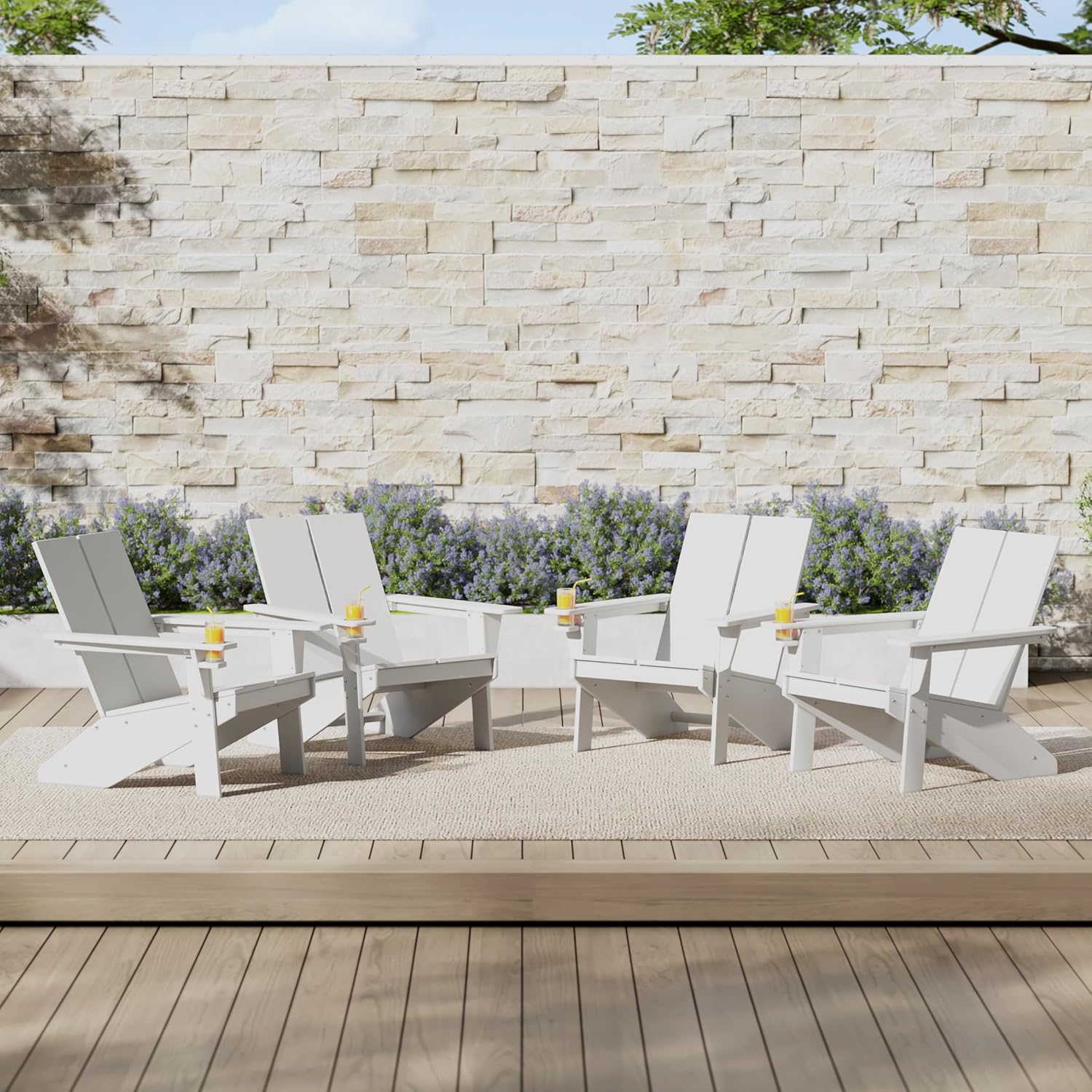 Costaelm Lawn Chairs, Front Porch Chairs HDPE Balcony Pool Adirondack Chair, Modern Outdoor Patio Chair, Garden Resin Lounge for Outside (Set of 4), White