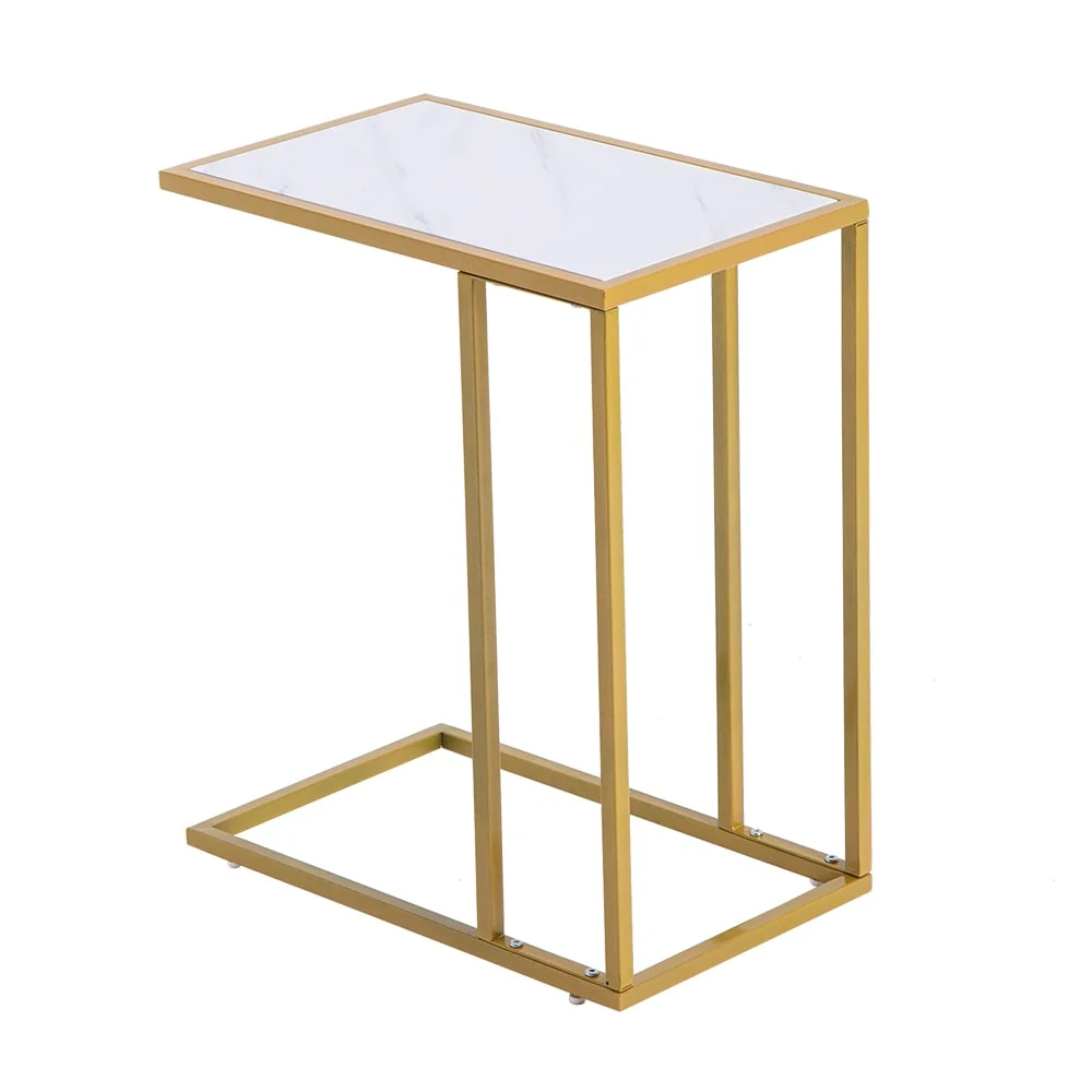 Modern Side End Accent C Table Living Room, White Marble, Gold