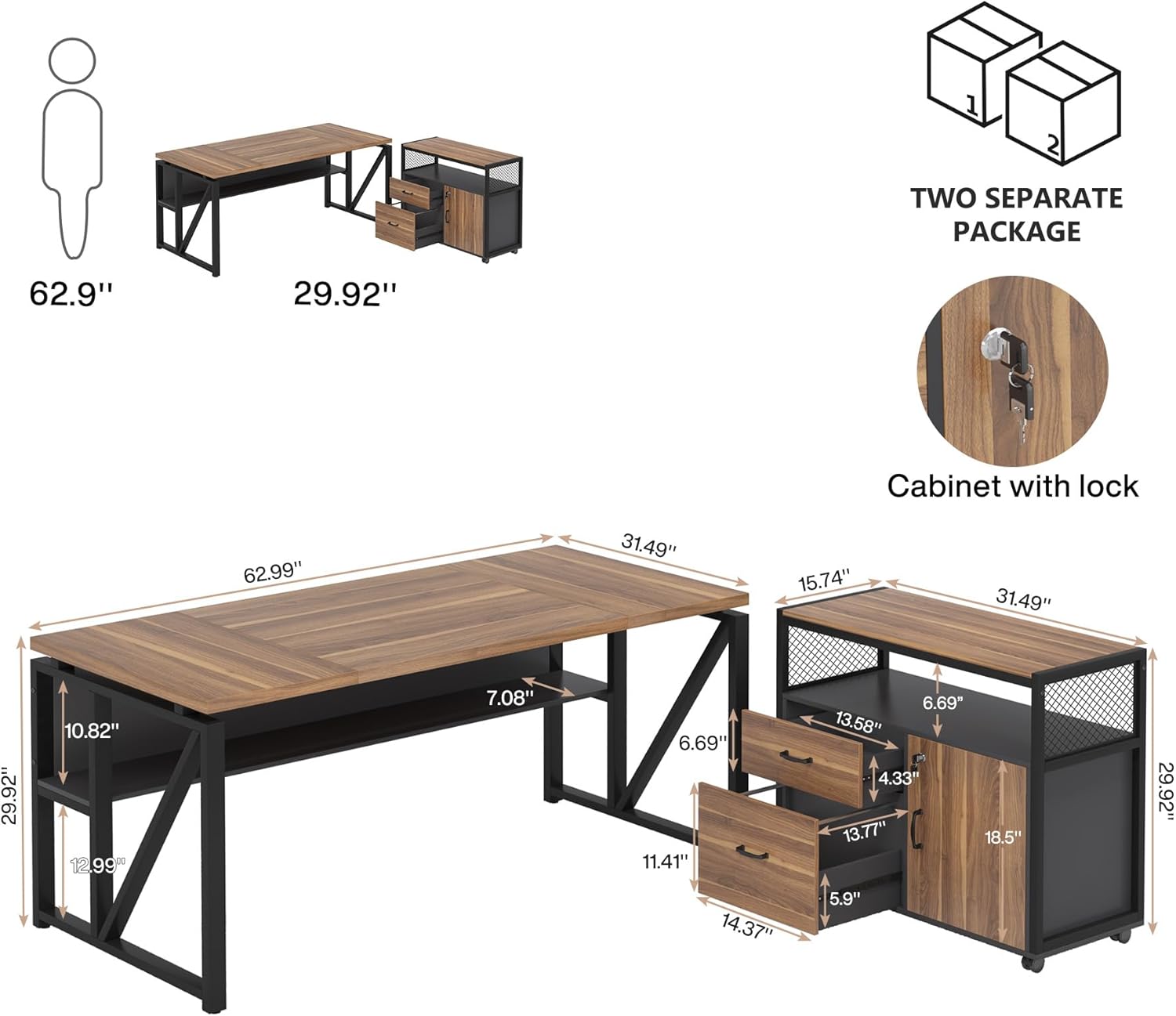 Tribesigns 63 Executive with Drawer Cabinet, L Shaped Desk and Lock lateral File Cabinet, 2 Piece Home Office Furniture Set with Drawers for Hanging File, (Brown, 63 inches)