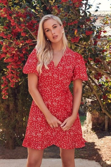 Quiz Red Floral Wrap Skater Dress