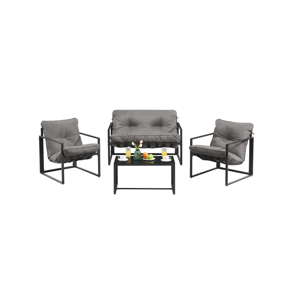 Salon de jardin confortable avec fauteuils table et banquette