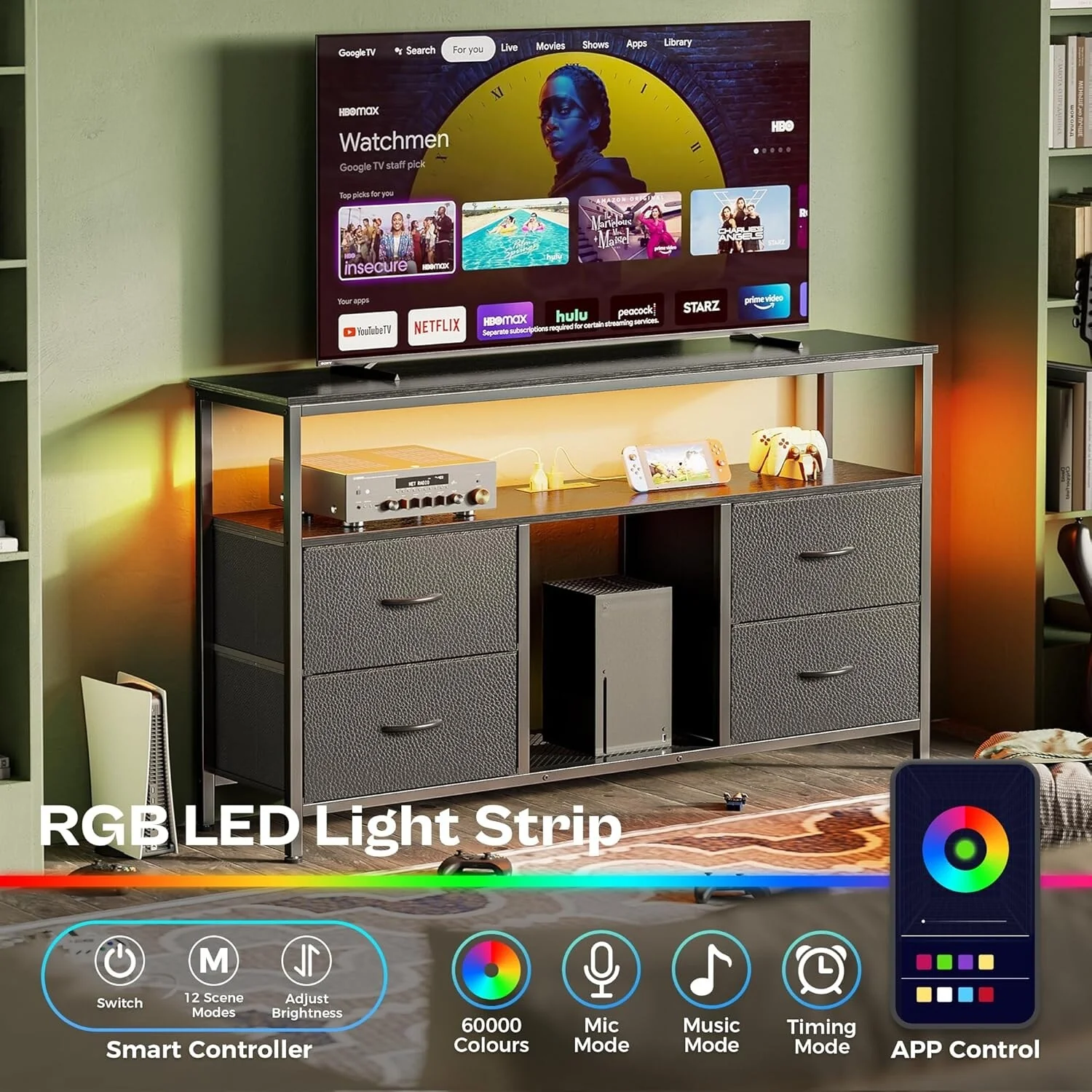 LED TV Stand with Power Outlets, 4 Drawers & Open Shelf, Black PU Finish