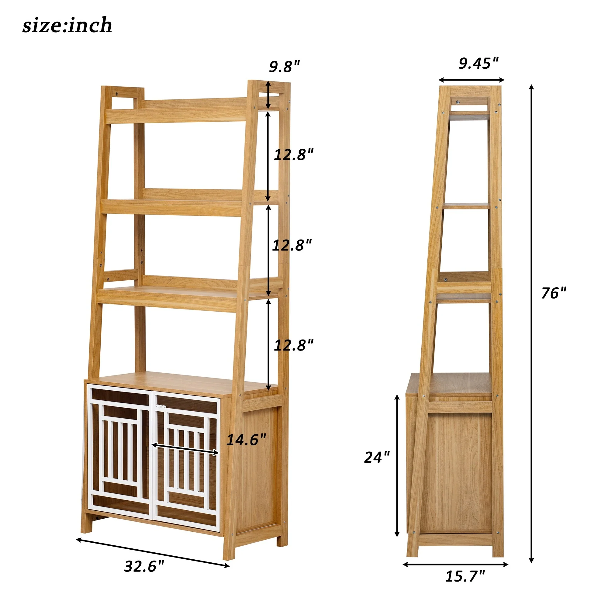 Ladder Bookshelf with Pet Crate, 76 Tall Storage Bookcase with Dog Crate, 4-Tier Display Shelf