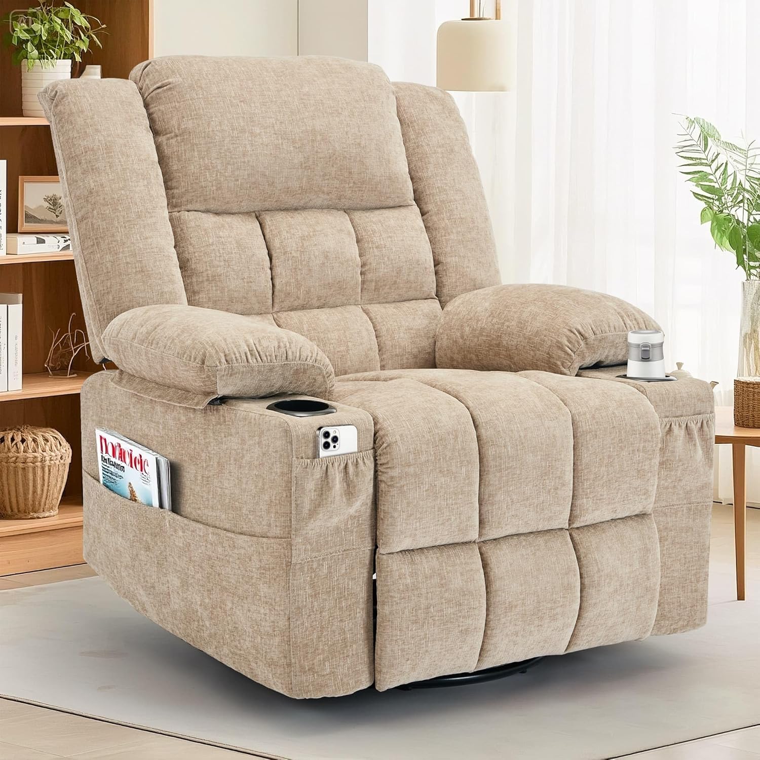 Korser 360° Swivel Rocker Recliner for Adults, Nursery Glider Recliner with Massage and Heating, Rocking Chair with Cup Holder, Manual Recliner Chair for Living Room, Bedroom (Fabric, Khaki)