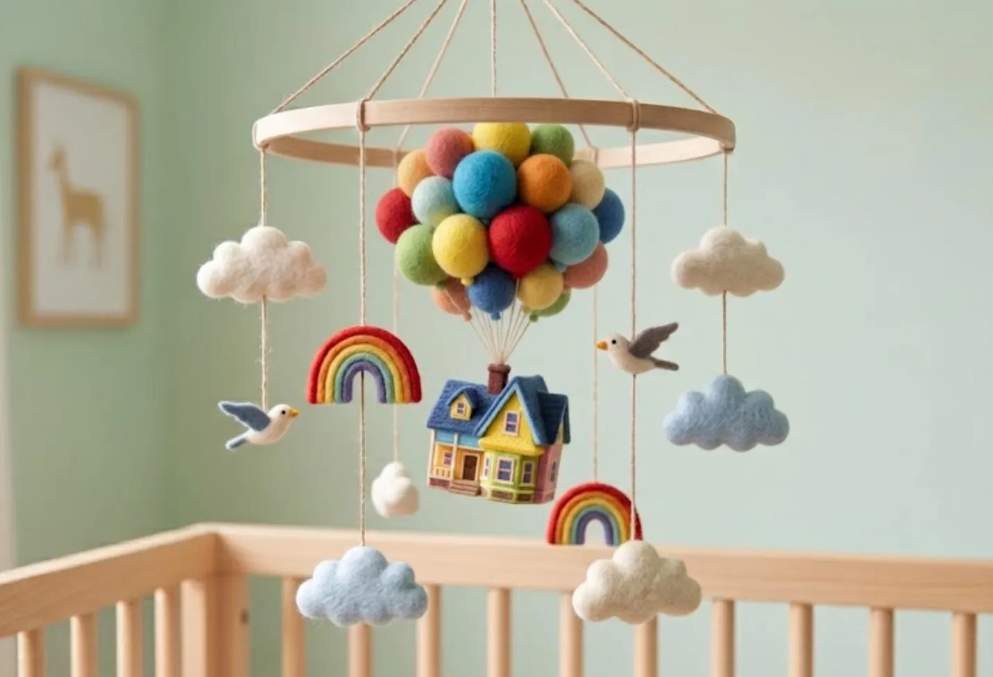 Balloon House Baby Mobile – Premium Wool Felt Nursery Decor, Rainbows, Clouds & Soaring Birds