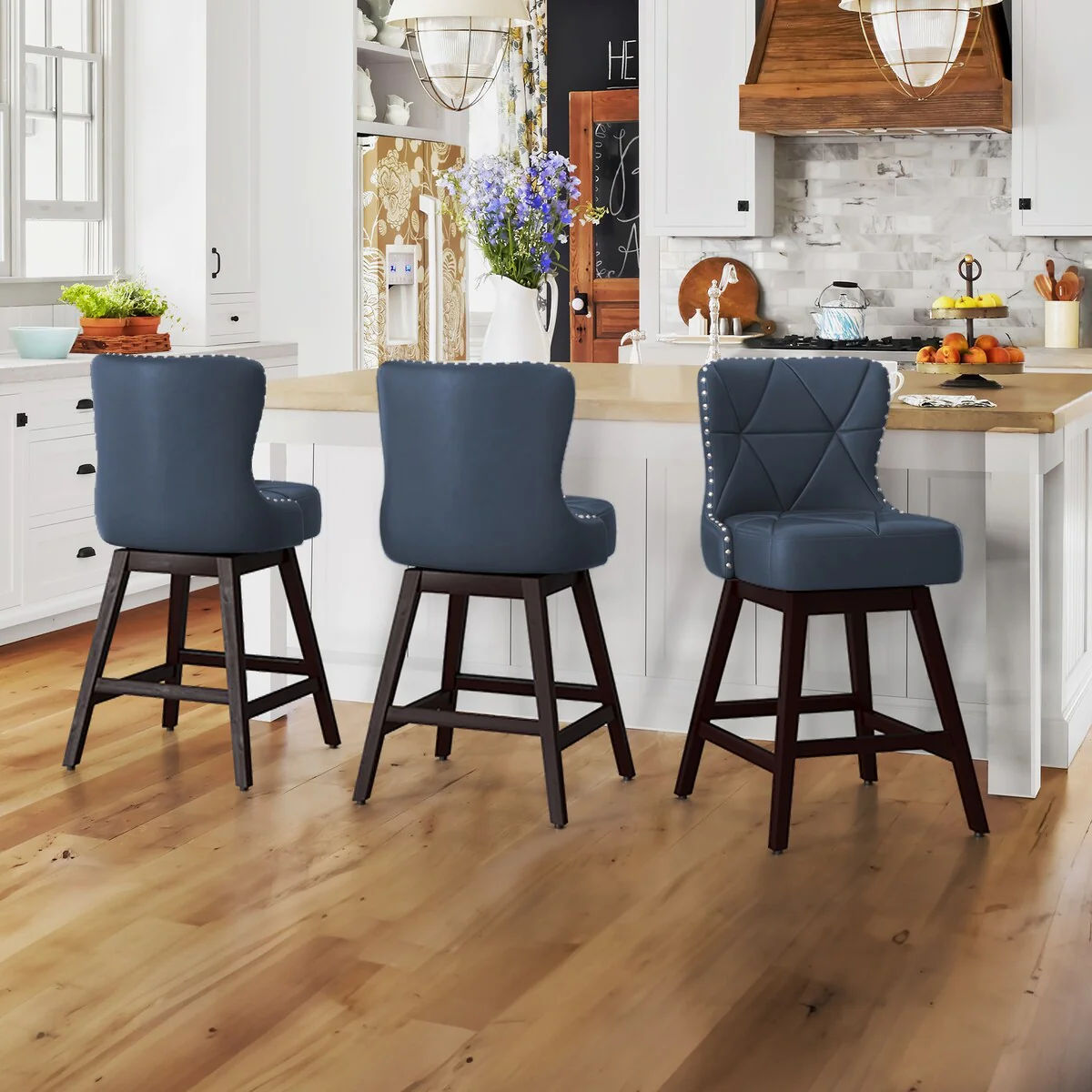 LUE BONA 26 in. Mid-Century Modern Faux Leather/Fabric Swivel Bar Stools for Kitchen Island（Set of 3） - 20W x 20D x 39H