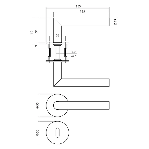 Türdrücker, D.55x3 mm BB-Rosetten Recht 90Grad