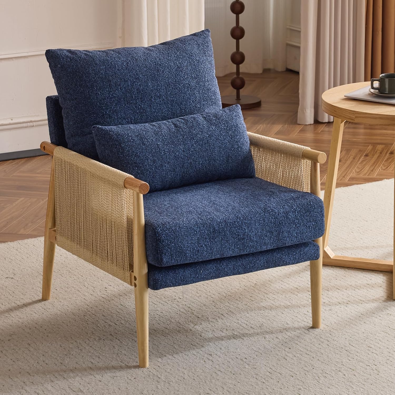 Karl home Cozy Chenille Accent Chair with Lumbar Pillow & Rattan Arms Modern Lounge Chair for Living Room, Bedroom, Reading Nook, Blue