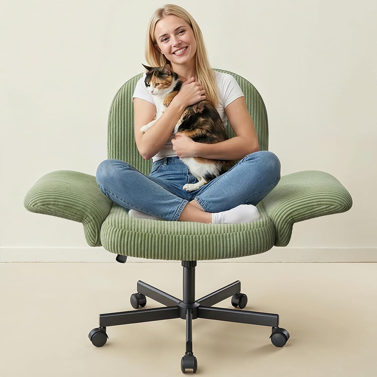 HUANUO Vanity Chair with 6-Position Adjustable Armrests, Criss Cross Chair with Wide Cushion, Soft Corduroy Fabric, 90°-105° Recline, Pet-Friendly, Perfect for Makeup Bedroom, Home Office, Light Green