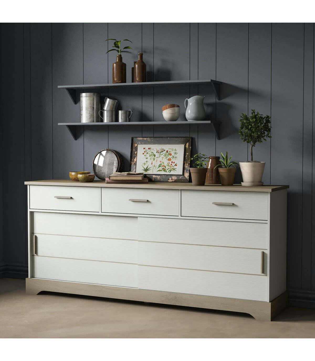 COTTAGE - Buffet 2 Portes Coulissantes 3 Tiroirs L200 cm - Décor blanc et chêne