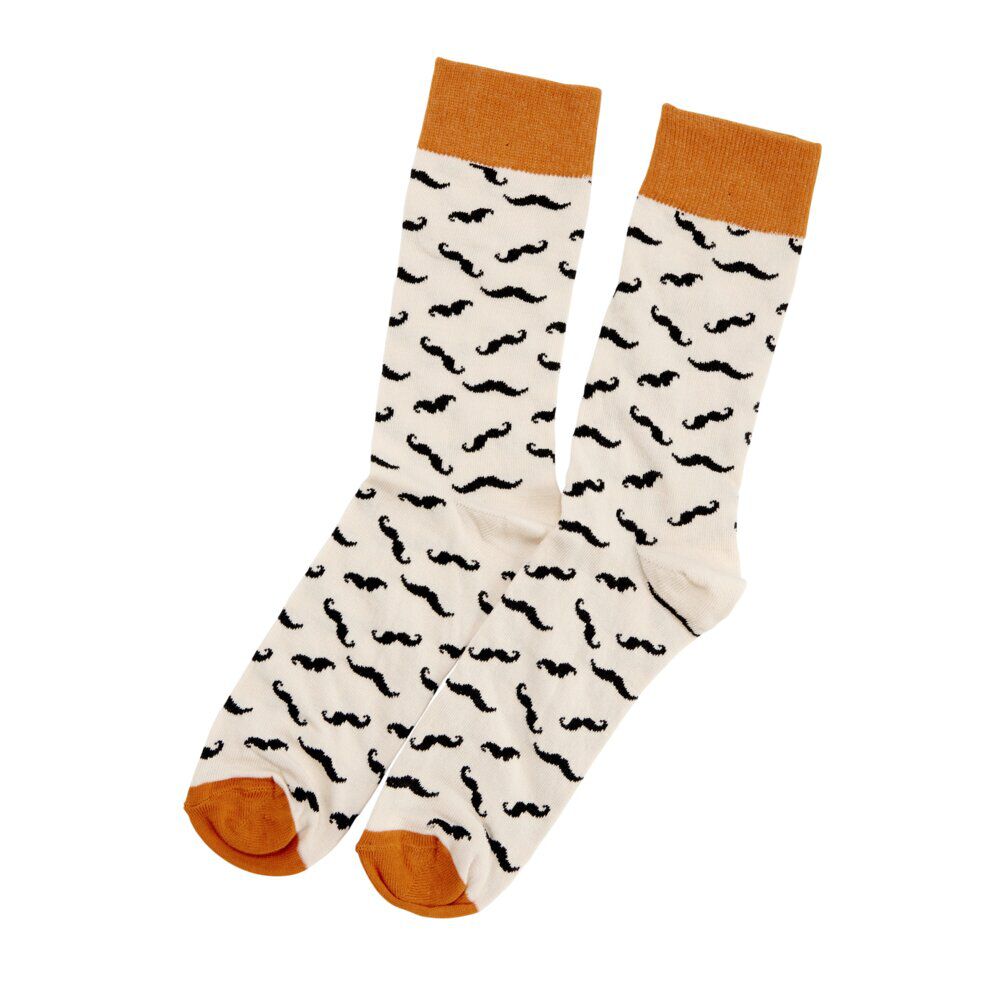 Chaussettes homme tige haute motif moustache coton blanc et orange T41/45
