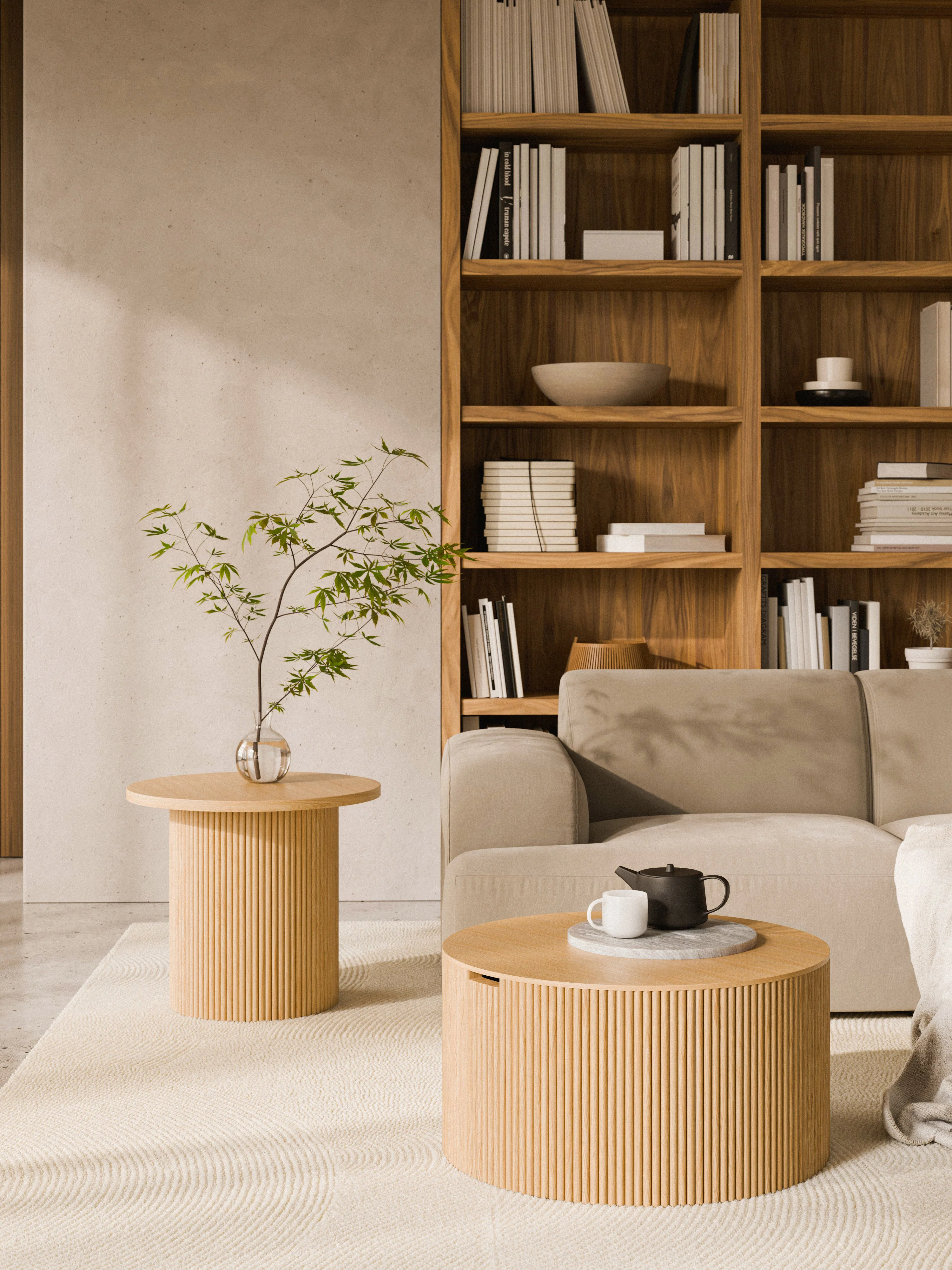 Runder Holz-Couchtisch Nele mit Stauraum