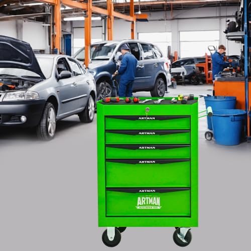 Iron-Top Rolling Tool Chest with Lockable Wheels and Side Handles, 7-Drawer Tool Storage Cabinet with Ball Bearing for Garage, Repair Shop, Required Assembly, Large Storage Capacity (Iron, 5-Green)