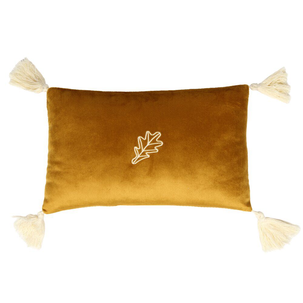 Coussin rectangulaire marron 4 pompons 1 motif nature 20x30cm (2 modèles)