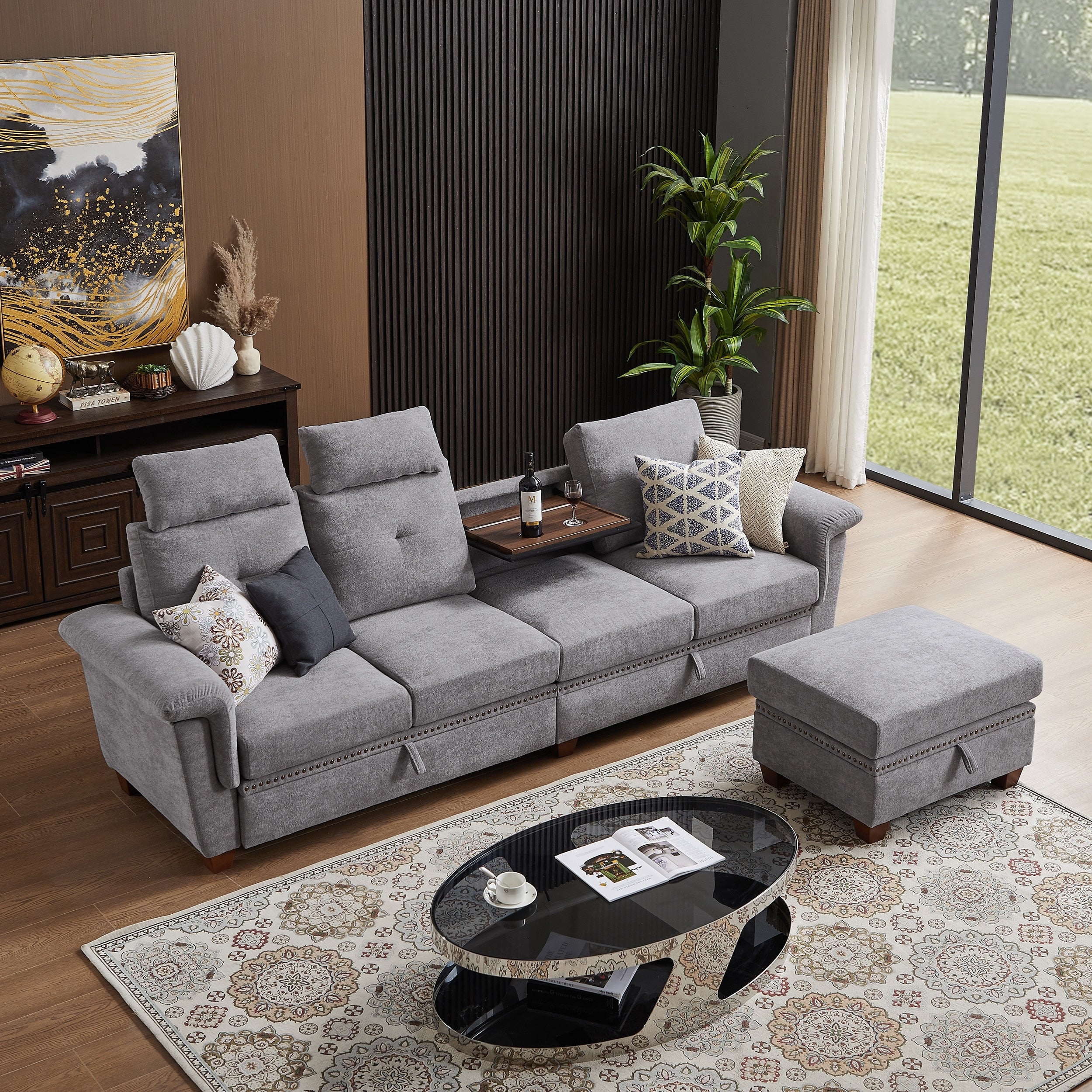 109 Modern 4 Seaters Towelling Sectional Sofa with Hidden Coffee Table Adjustable Headrest and Large Storage Space