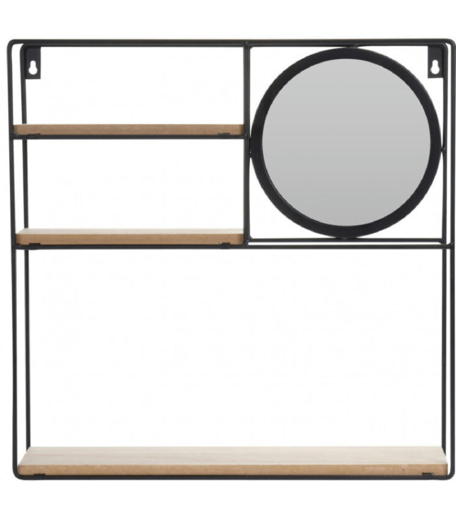 MIROIR - Étagère murale en métal noir et bois avec miroir 40x40x10cm