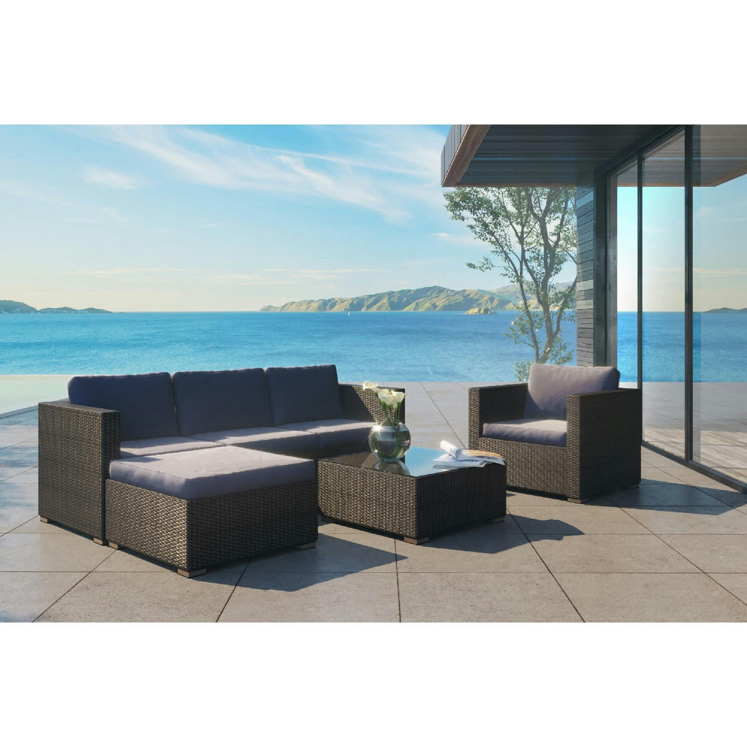 NEVALA - Salon de jardin 6 places en résine tressée noir et gris