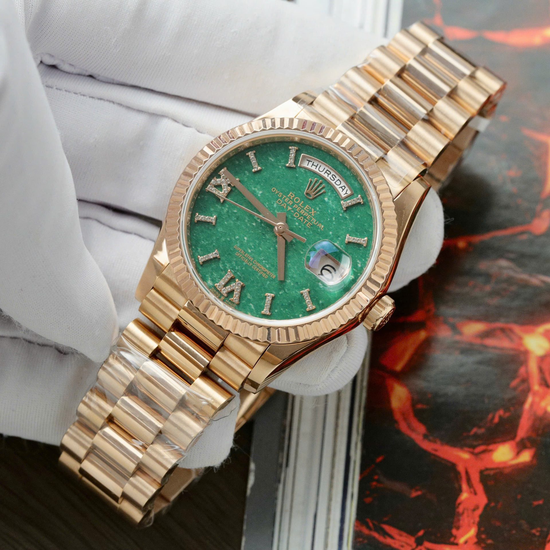 Rolex Day-Date 128235 RG Plated Green Dial CZ Diamonds 36mm Super Clone