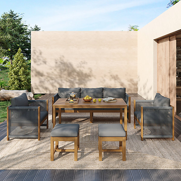 Ensemble salle de jardin 7 places - canapé, 2 canapés simples, 2 tabourets et table à manger - acacia et acier galvanisé - gris