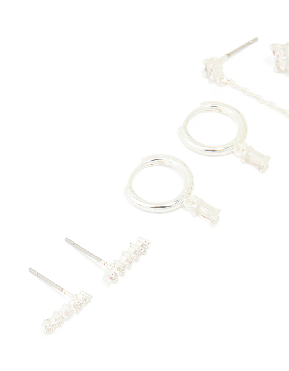 Silver Plated Brass Cubic Zirconia Chain & Stud Earrings 3-Pack