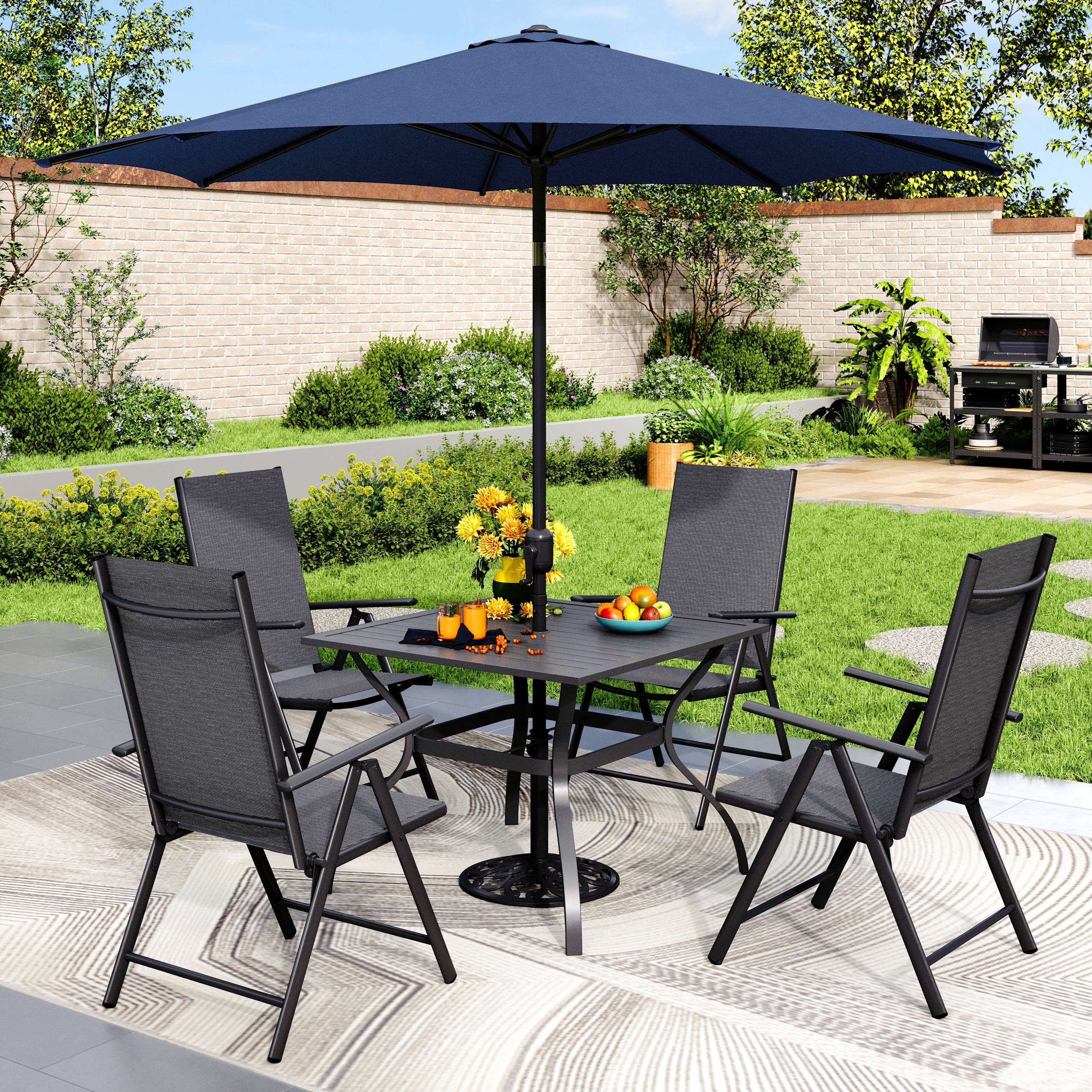 MAISON ARTS Outdoor 6-piece Patio Dining Set, 1 Square Metal table, 4 Adjustable Folding Chairs and 9ft Umbrella