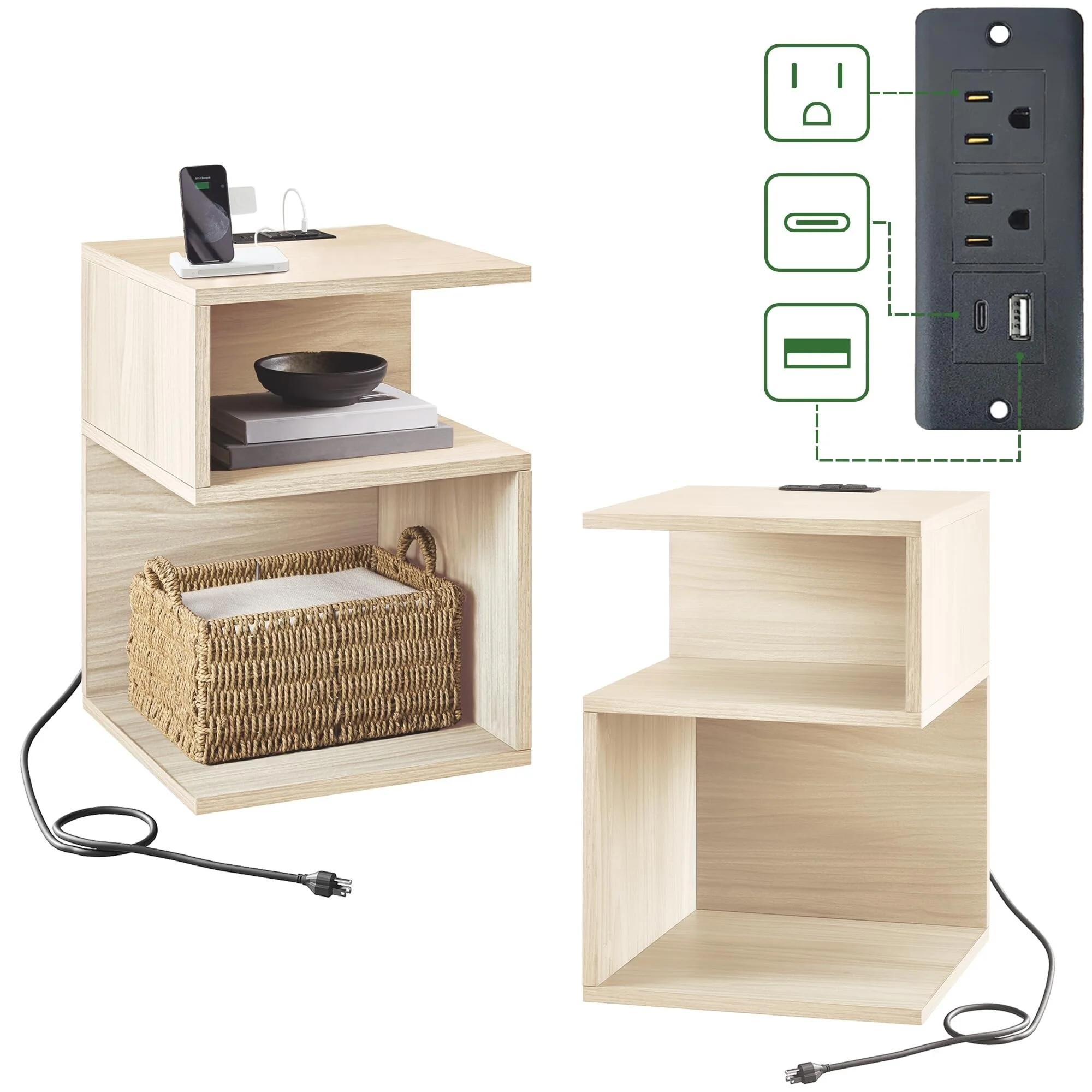 Night Stand Set of 2 - Bedside Tables with Charging Station, USB Ports & Outlets, Wood Nightstands with Storage