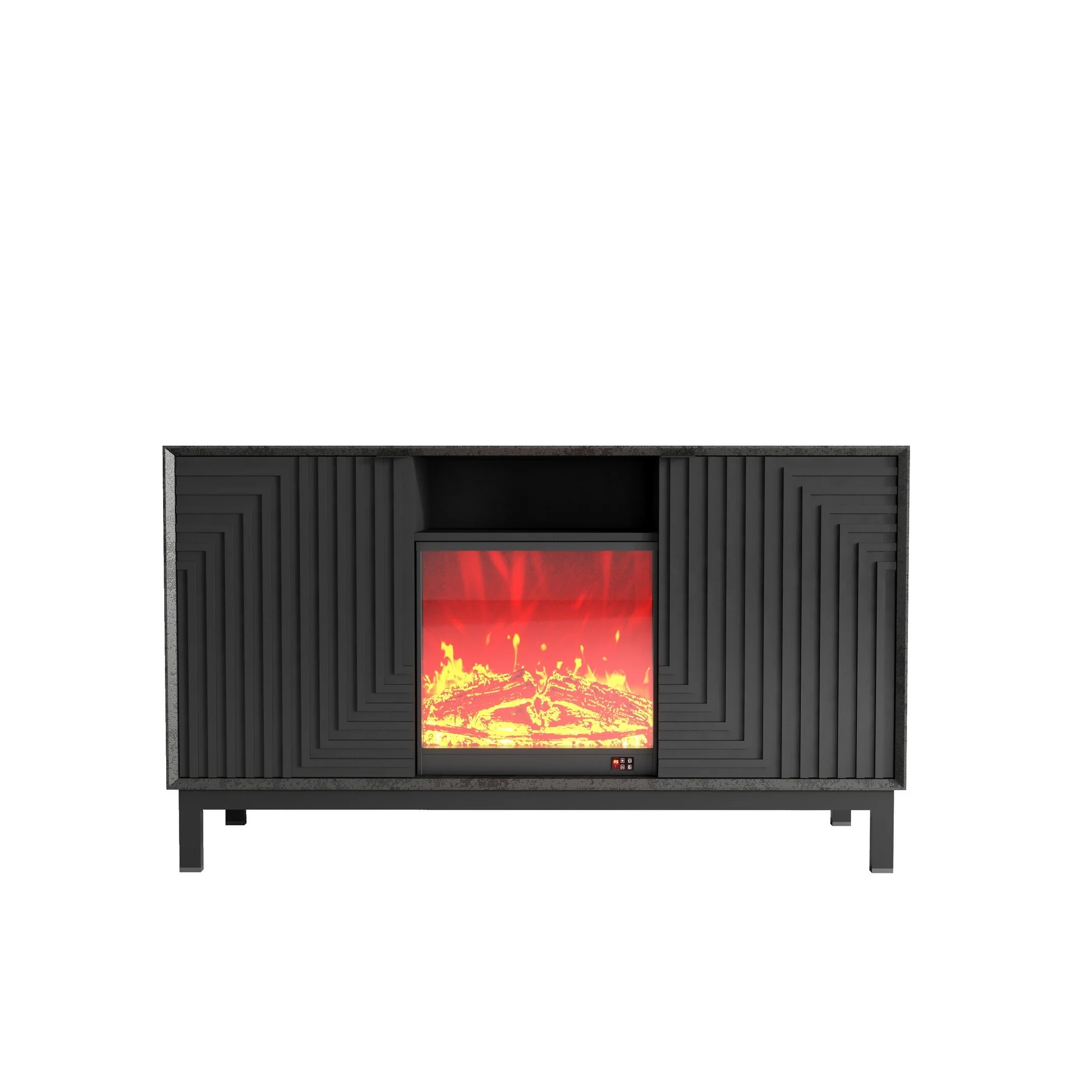 HomeRoots 58 Black Ribbed Texture Wood Enclosed and Open Storage TV Stand With Fireplace - 58.27 in. x 30.71 in. x 15.35 in.