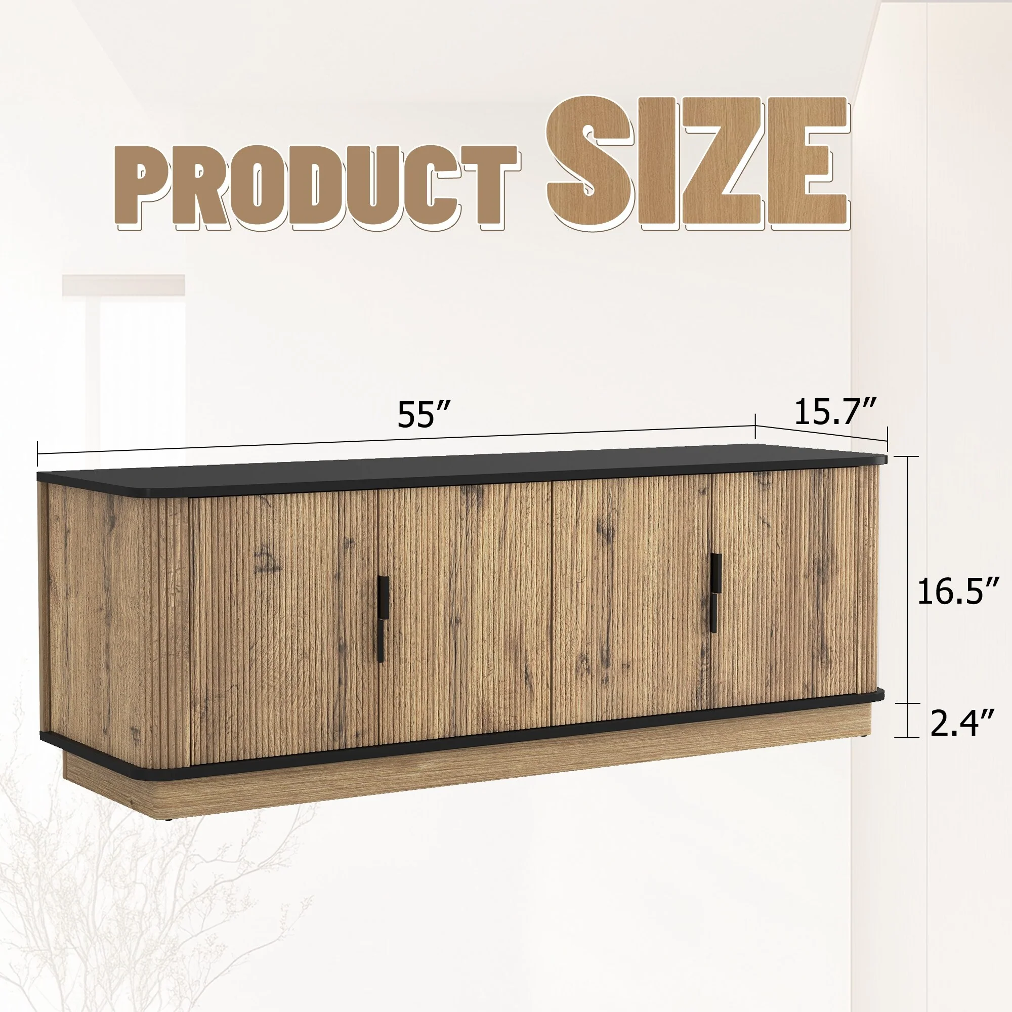 Wood Grain Four-Door TV Cabinet, Media Storage Cabinet for Living Room - 55x15.7x18.9in