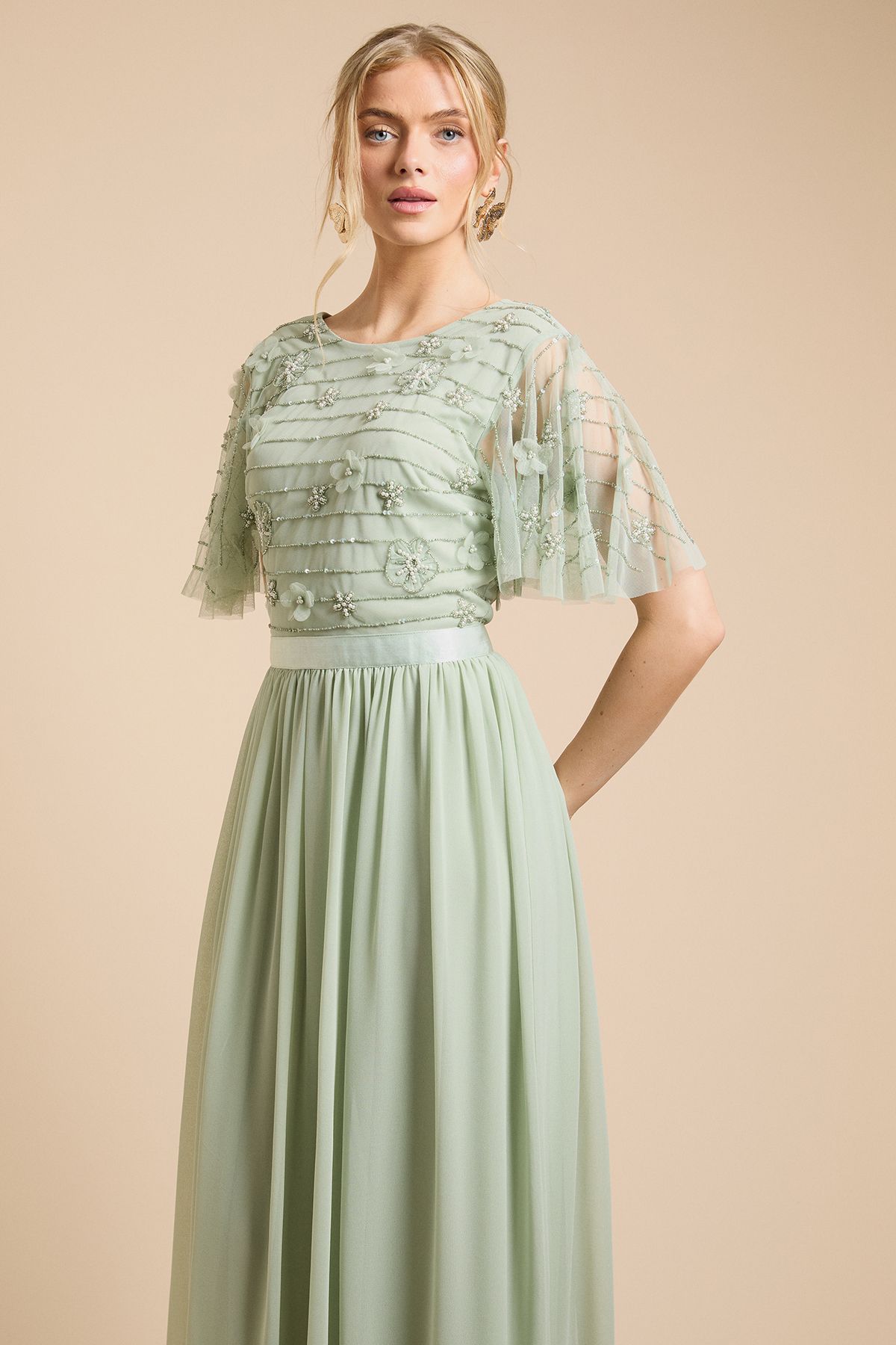 Oasis Floral Embellished Mesh Angel Sleeve Maxi Dress