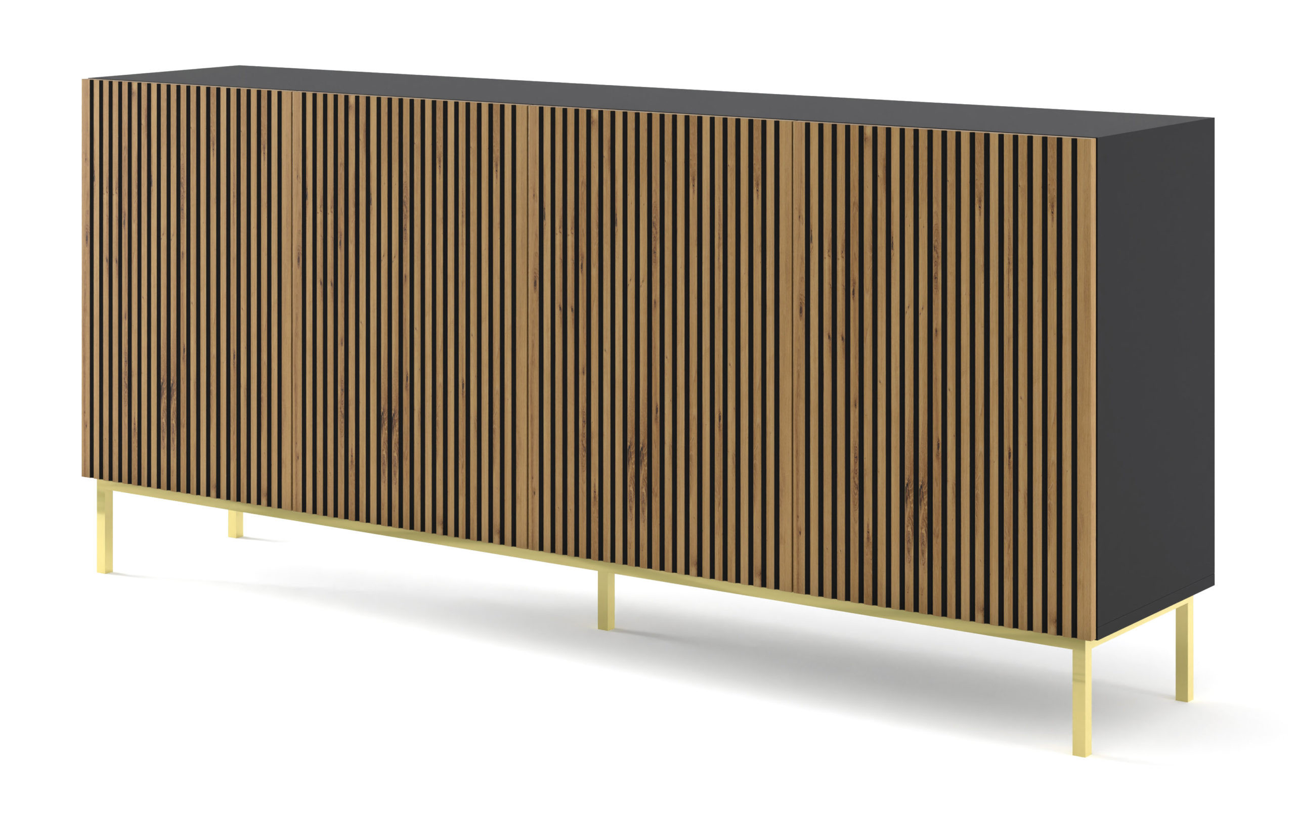 Komoda RAVENNA F 200 cm 3D3S czarny dąb artisan   RAMA ZŁOTA