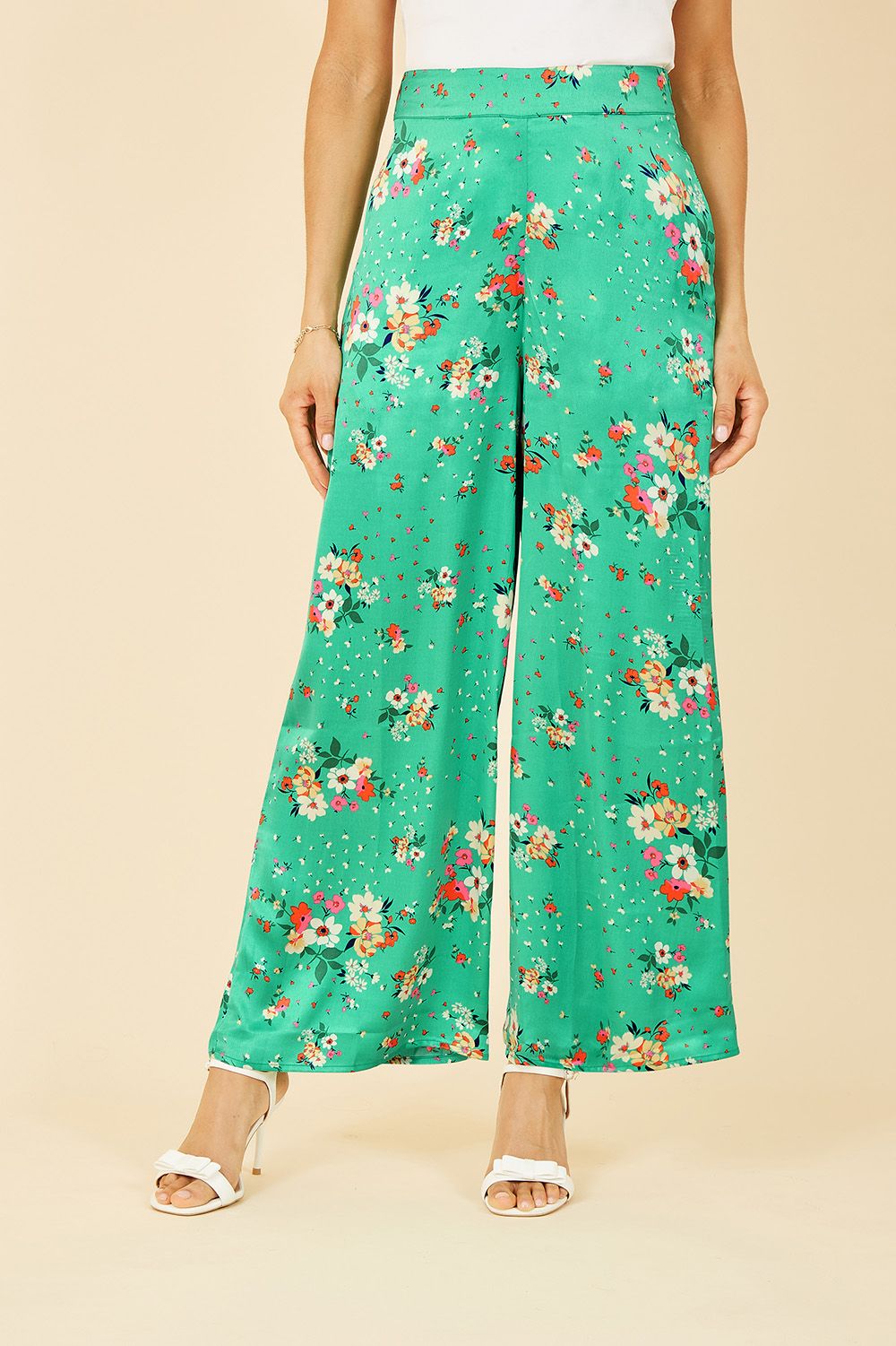 Yumi Green Floral Satin Wide Leg Trousers