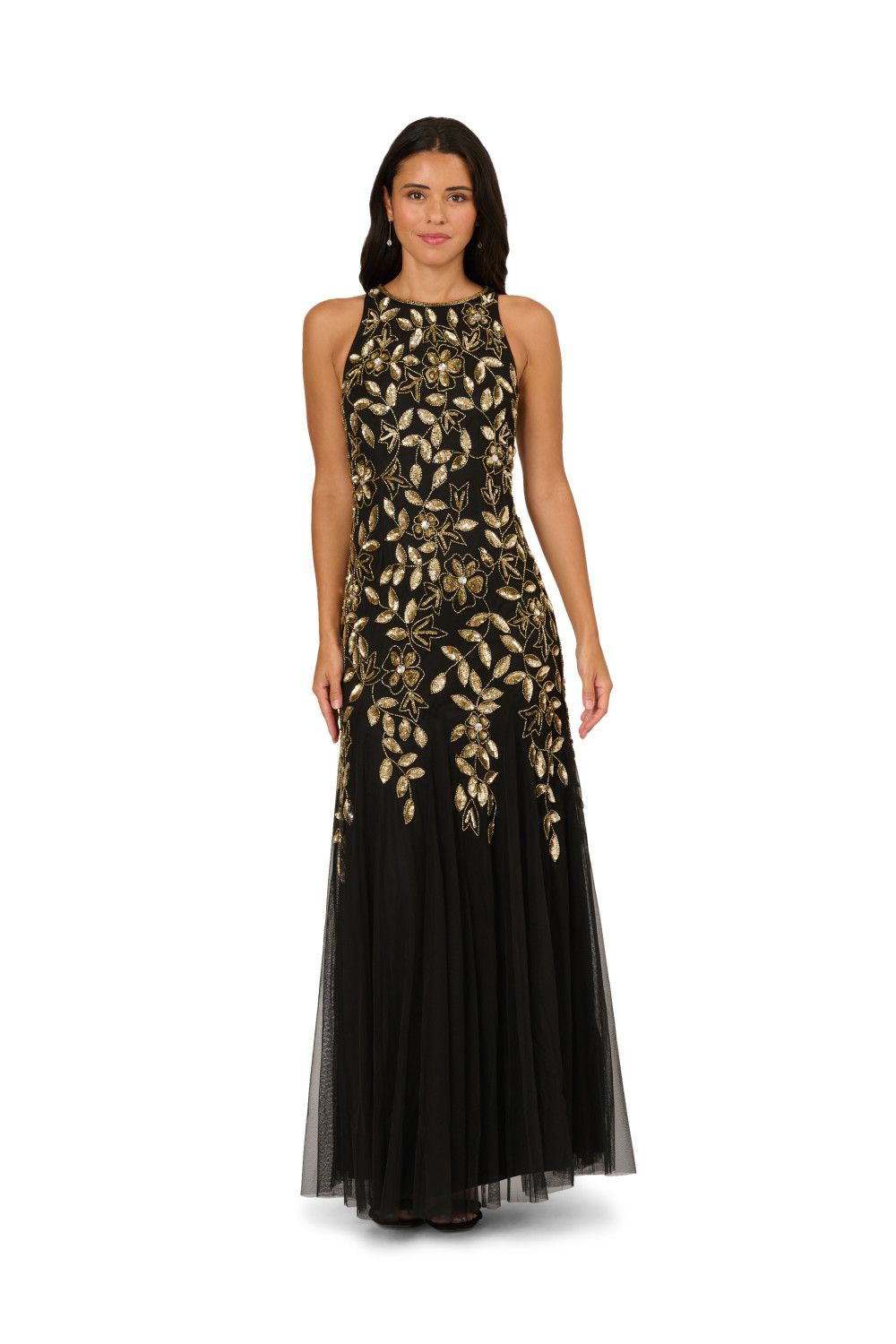 Adrianna Papell Halter Bead Godet Dress
