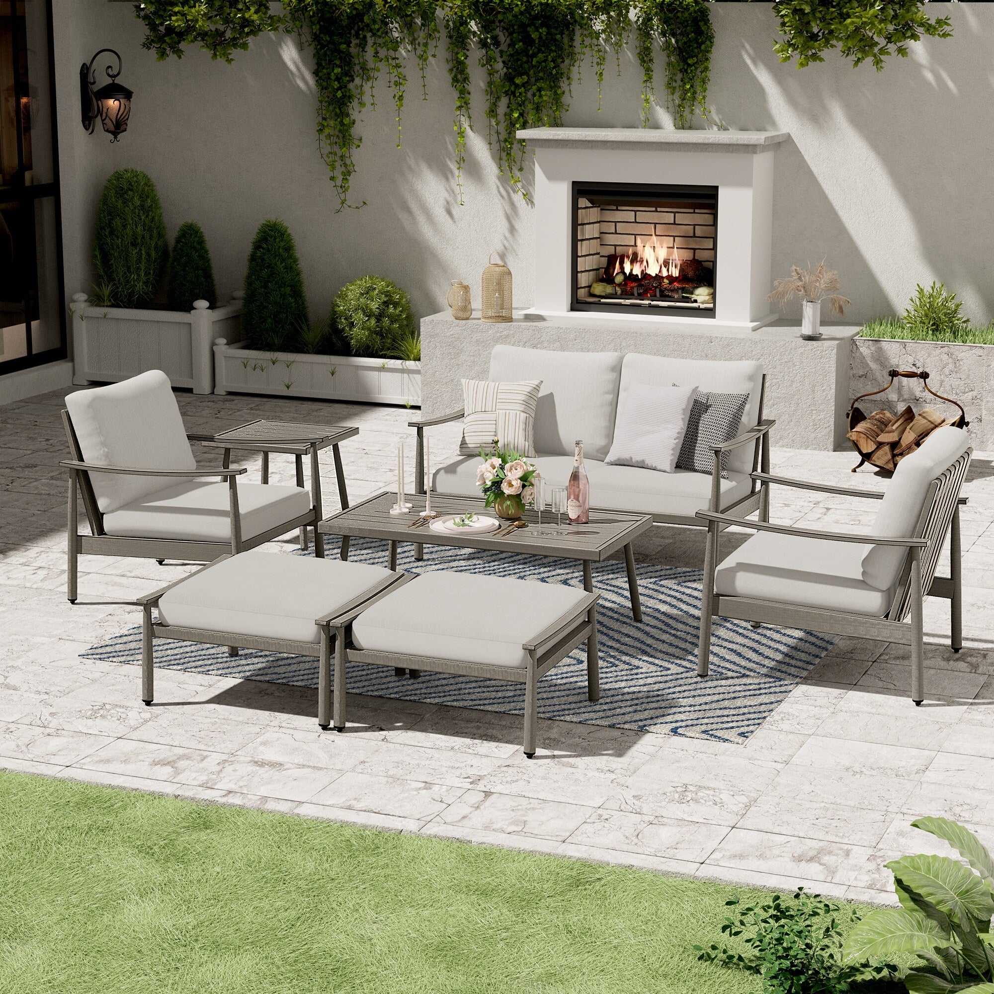 7-Piece Aluminum Patio Conversation Set, Loveseat with Ottomans and Coffee Table