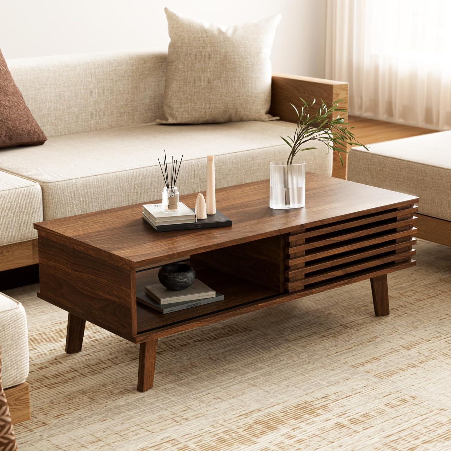 Furniway Mid Century Modern Coffee Table, Wood Coffee Table with Storage, Farmhouse Table for Living Room, Apartment, Walnut