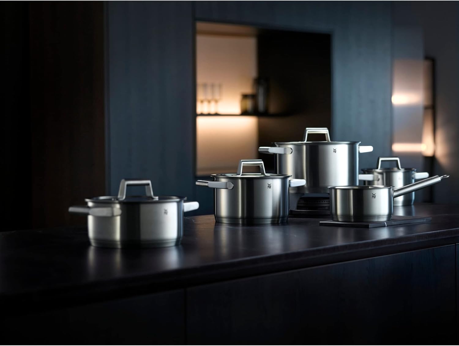 WMF Comfort Line Advantage Saucepan Set - 5-Piece Induction Cooking Pot With Glass Lid, Cromargan Matte Stainless Steel, Scale, Stackable, Uncoated
