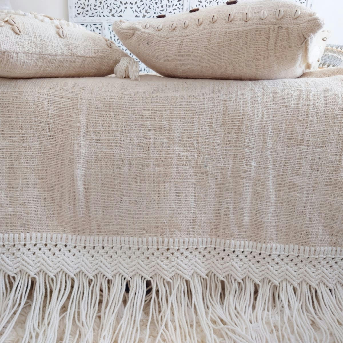 AUSSA - Plaid en coton avec frange en macramé, blanc 140x200 cm