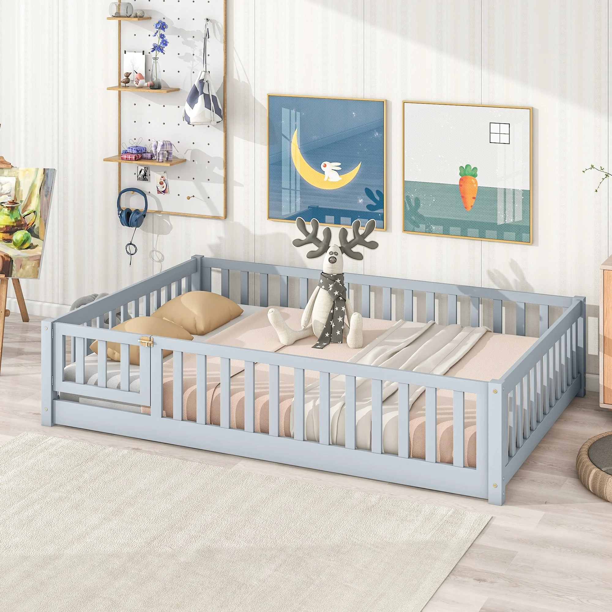 White Full Size Wooden Floor Bed with Fence & Door, Rubber, Safety Guardrails