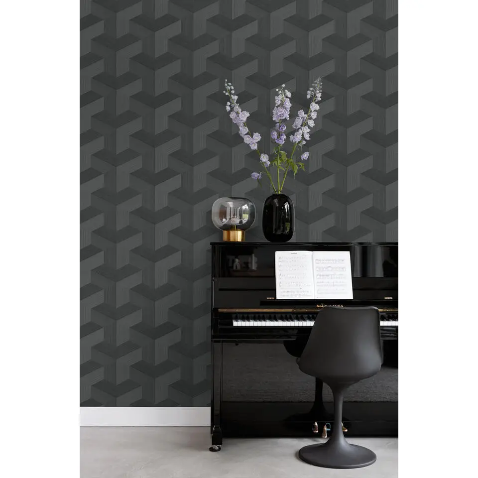Origin Wallcoverings behang grafisch 3D motief zwart - 53 cm x 10.05 m