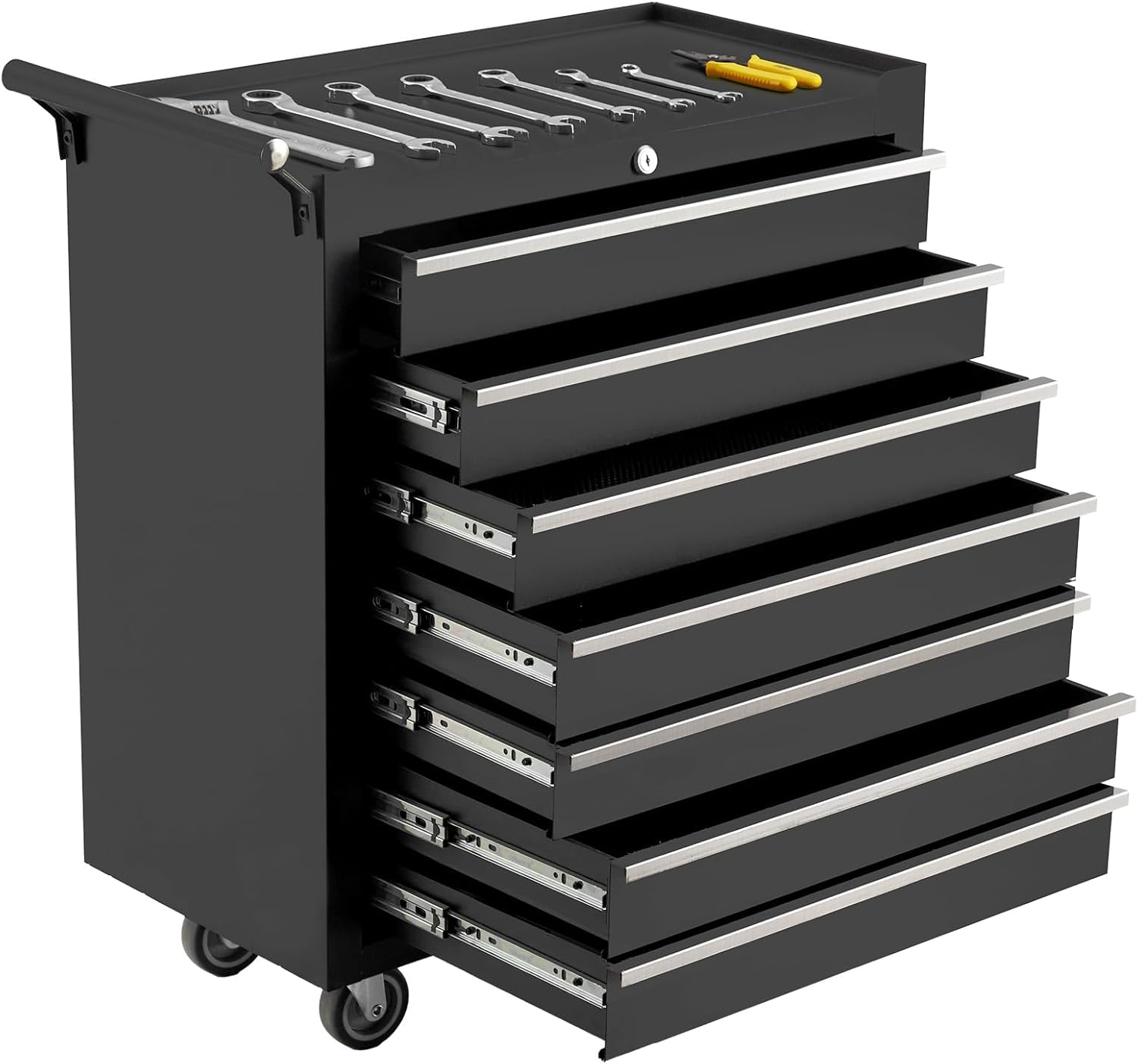 24-inch 7-Drawer Rolling Tool Chest with Lock System, Portable Tool Box with Wheels, Secure Storage Cabinet for Warehouse, Workshop, and Repair Shop, Black